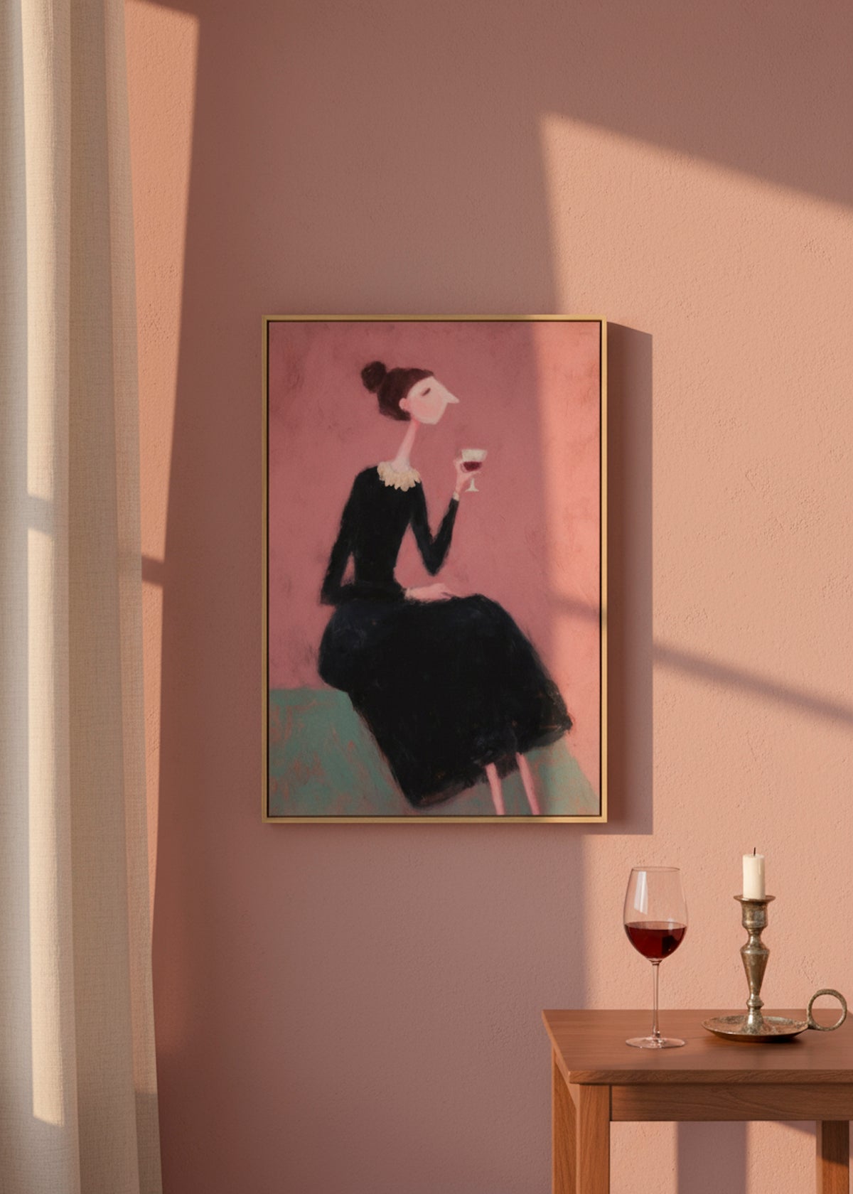 Canvas artwork of a woman in a black dress holding a glass of wine, hanging above a candlelit dining table
