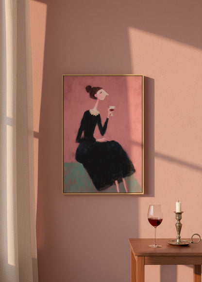 Canvas artwork of a woman in a black dress holding a glass of wine, hanging above a candlelit dining table