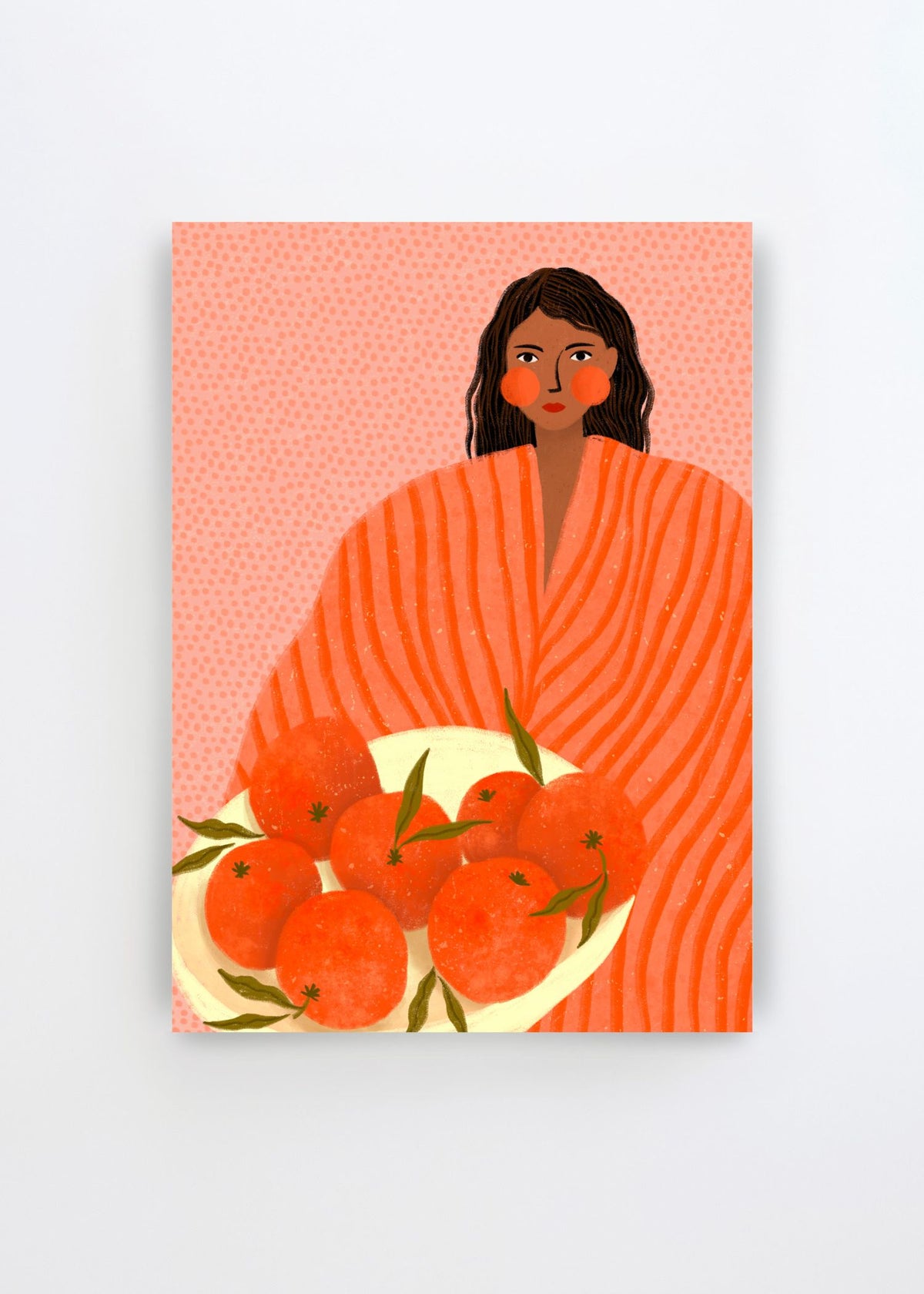 Woman Holding Oranges by Bea Müller – colorful art poster featuring a woman in a striped orange dress holding a large bowl of oranges against a soft pink background.