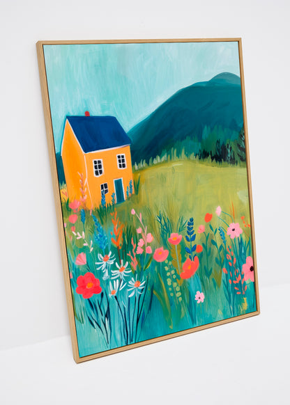 Yellow House canvas print – colorful summer landscape with wildflowers