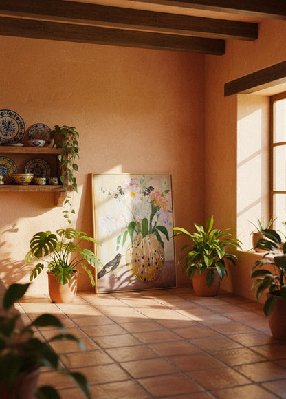 “Bird No. 2” canvas displayed in a warm minimalistic room with soft sunlight and a low sofa, emphasizing the vase of flowers and small bird.