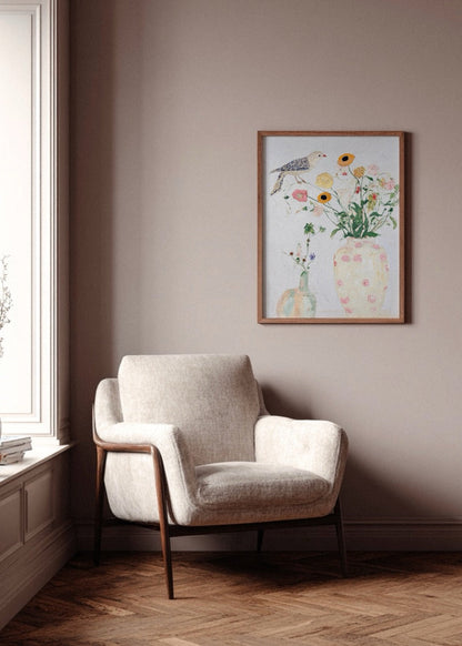 Bird no 1 poster in scandinavian living room i dark tones