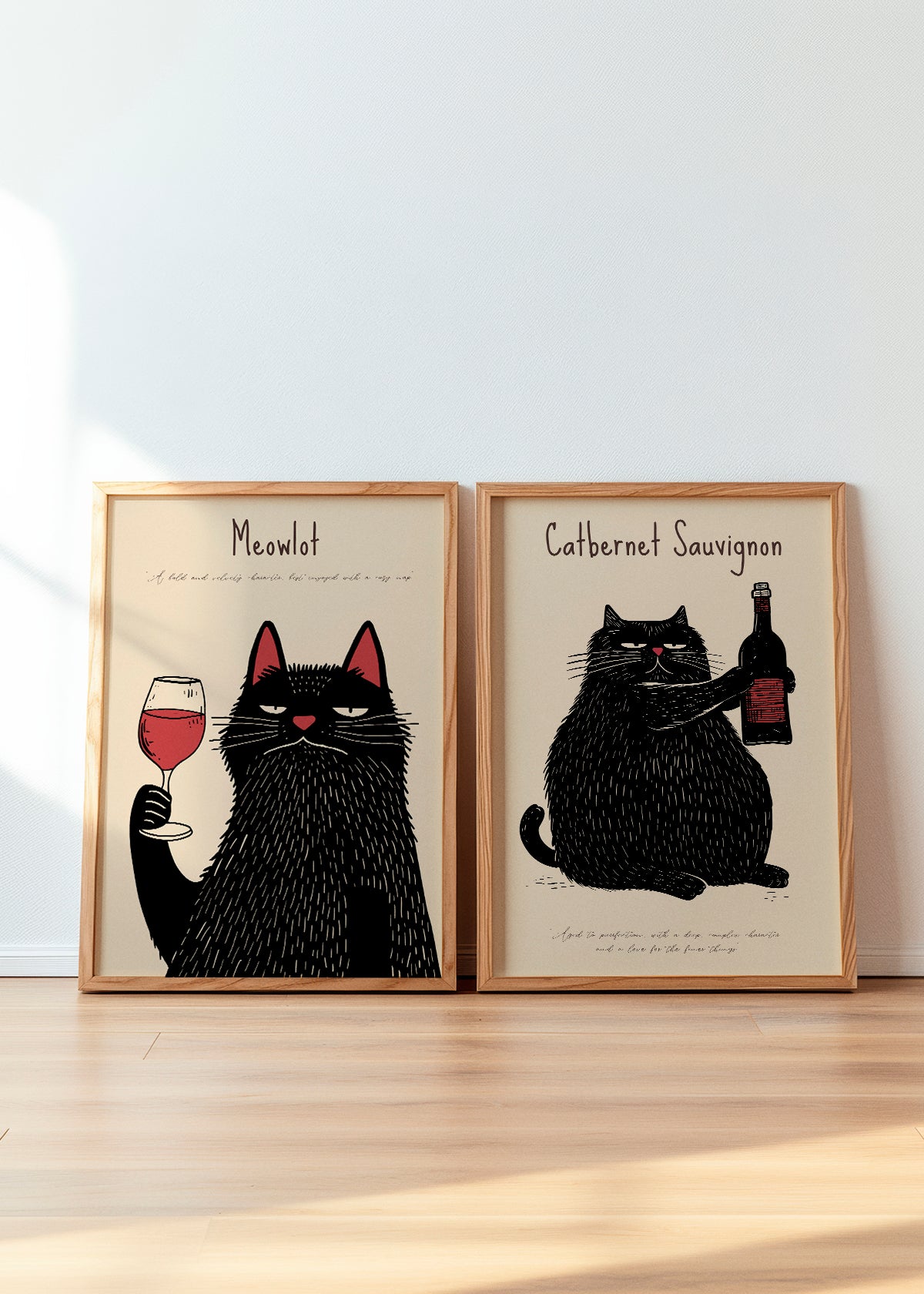 Two fun kitchen posters with wine and cats – Meowlot & Catbernet Sauvignon
A set of two humorous kitchen posters featuring wine-loving cats, framed in solid oak and placed on a light wooden floor. Perfect for adding a playful and stylish touch to a kitchen or dining space.