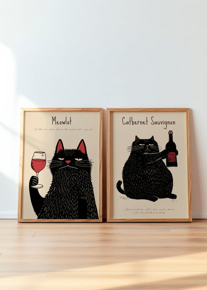 Two fun kitchen posters with wine and cats – Meowlot & Catbernet Sauvignon
A set of two humorous kitchen posters featuring wine-loving cats, framed in solid oak and placed on a light wooden floor. Perfect for adding a playful and stylish touch to a kitchen or dining space.