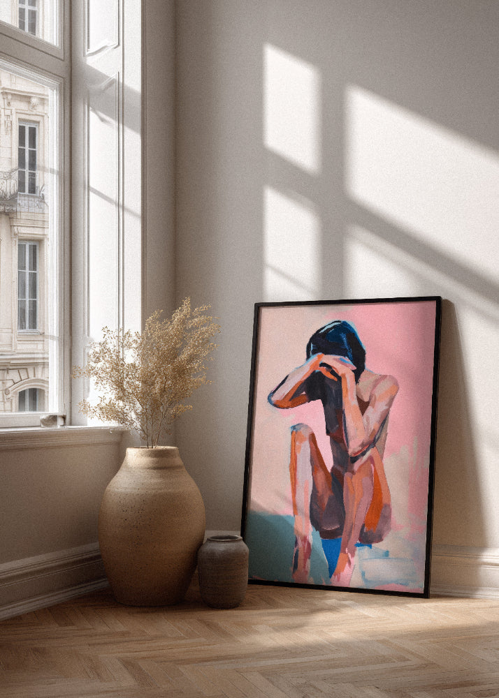 Minimalist interior with the Croquis poster leaning against a wall, featuring an expressive nude figure in soft pink, blue, and orange tones — modern art print from Hello Poster.