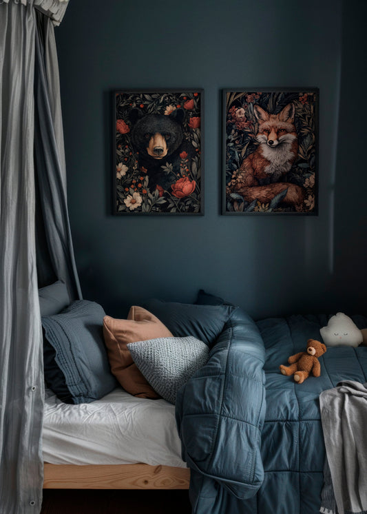 Two children’s posters, Forest Fox and Brown Bear, hanging above a cozy kids’ bed with blue bedding and soft toys in a calm, dark-toned room.