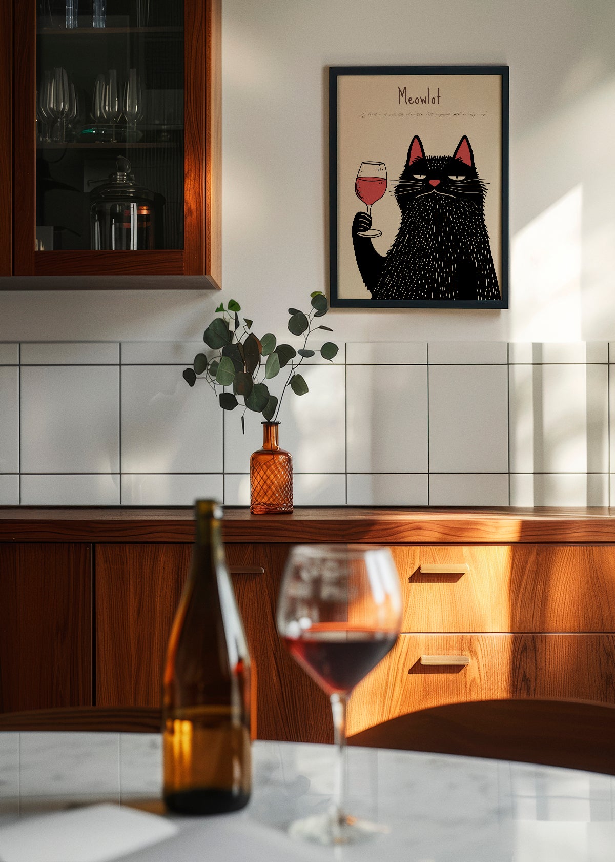 Meowlot wine poster in a stylish kitchen setting.
A stylish poster of a black cat holding a glass of red wine, hanging in an elegant kitchen with dark wood cabinets and white tiles. The perfect kitchen wall art for wine lovers.