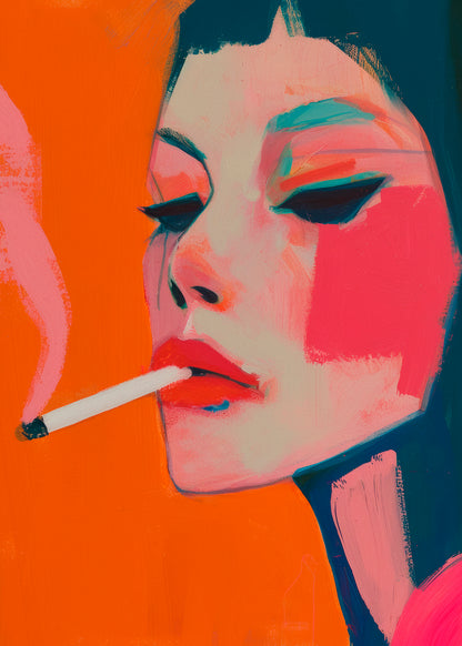 "Smoke" poster featuring a bold portrait of a woman smoking in vibrant shades of pink, orange, and teal.