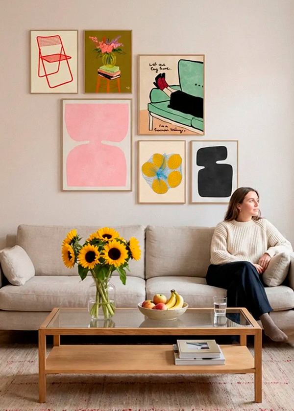 ed Net Chair Red, Floral Vase, Let Me Lay Here, Organic and Abstract and Five Lemons posters styled in a bright Scandinavian living room
