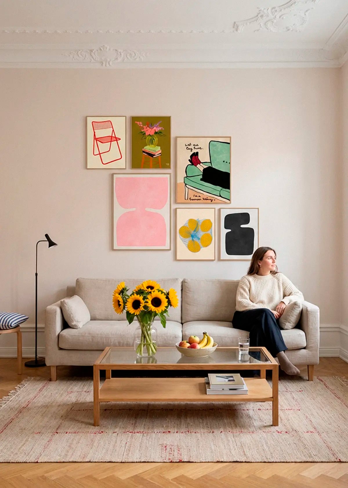 Ted Net Chair Red, Vase, Let Me Lay Here, Organic and Abstract 4, Five Lemons in a Net Bag and Organic and Abstract 2 posters styled in a bright Scandinavian living room with soft daylight