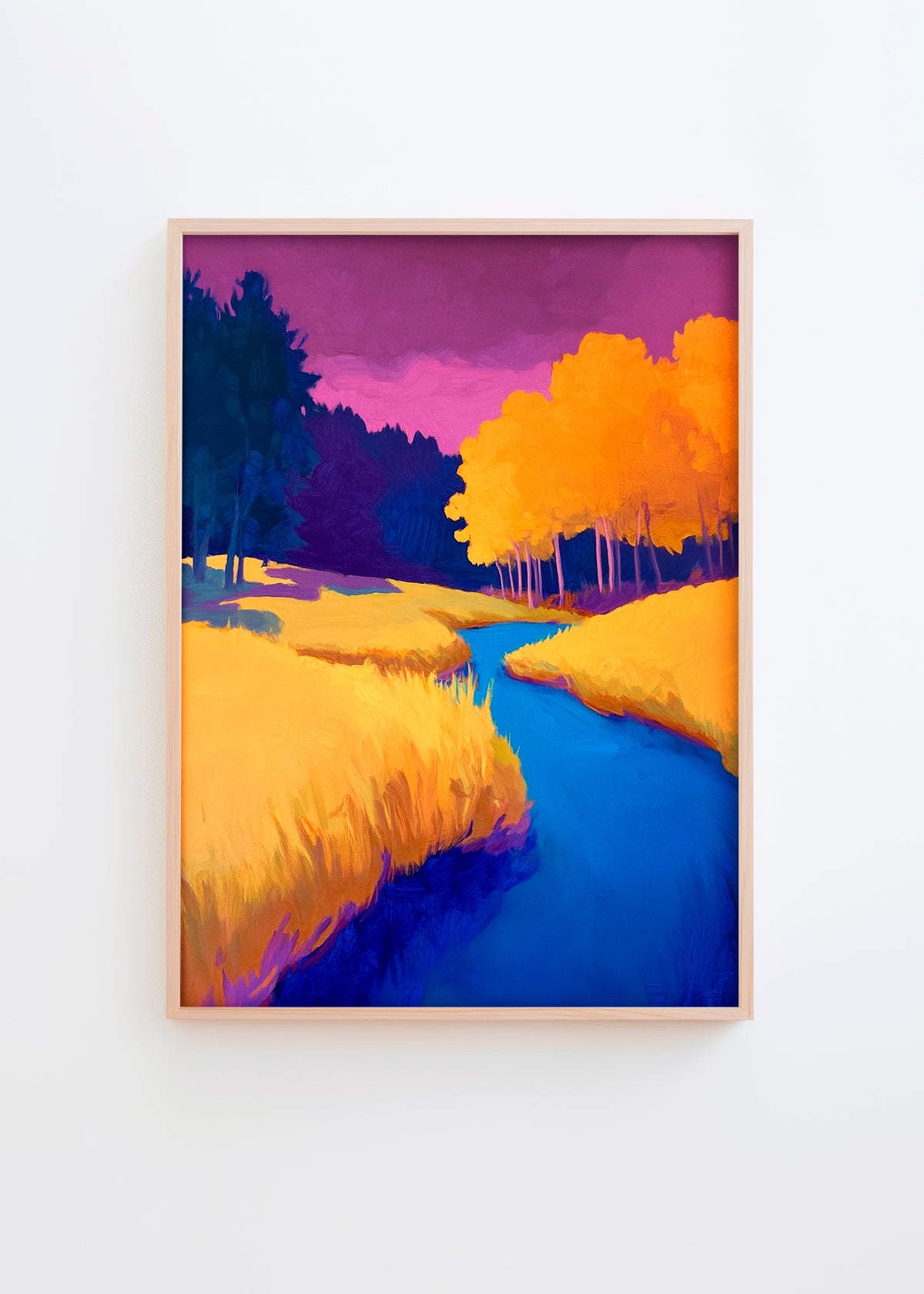 A colorful art poster titled "Twilight" featuring golden meadows, a winding blue river, and a deep purple sky, evoking the serenity of nature at dusk.