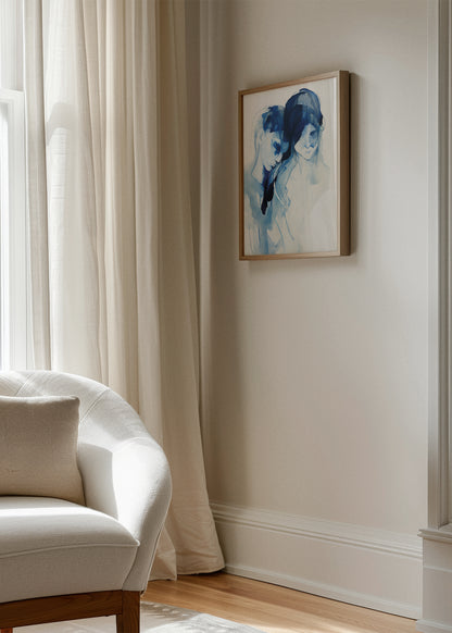 Dreamy watercolor illustration of two figures titled "Two", framed in wood and hanging beside light curtains in a cozy, elegant living room.