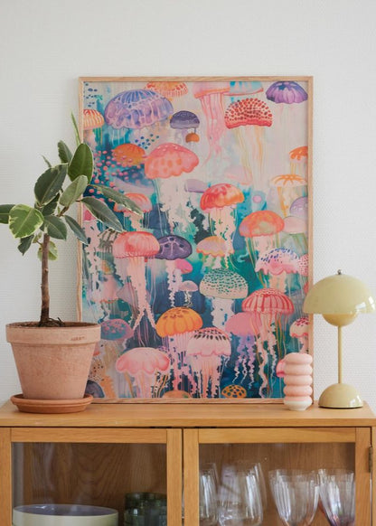 Farverig plakat med vandmænd i træramme, stylet på egetræsskab sammen med grøn lampe og stueplante.