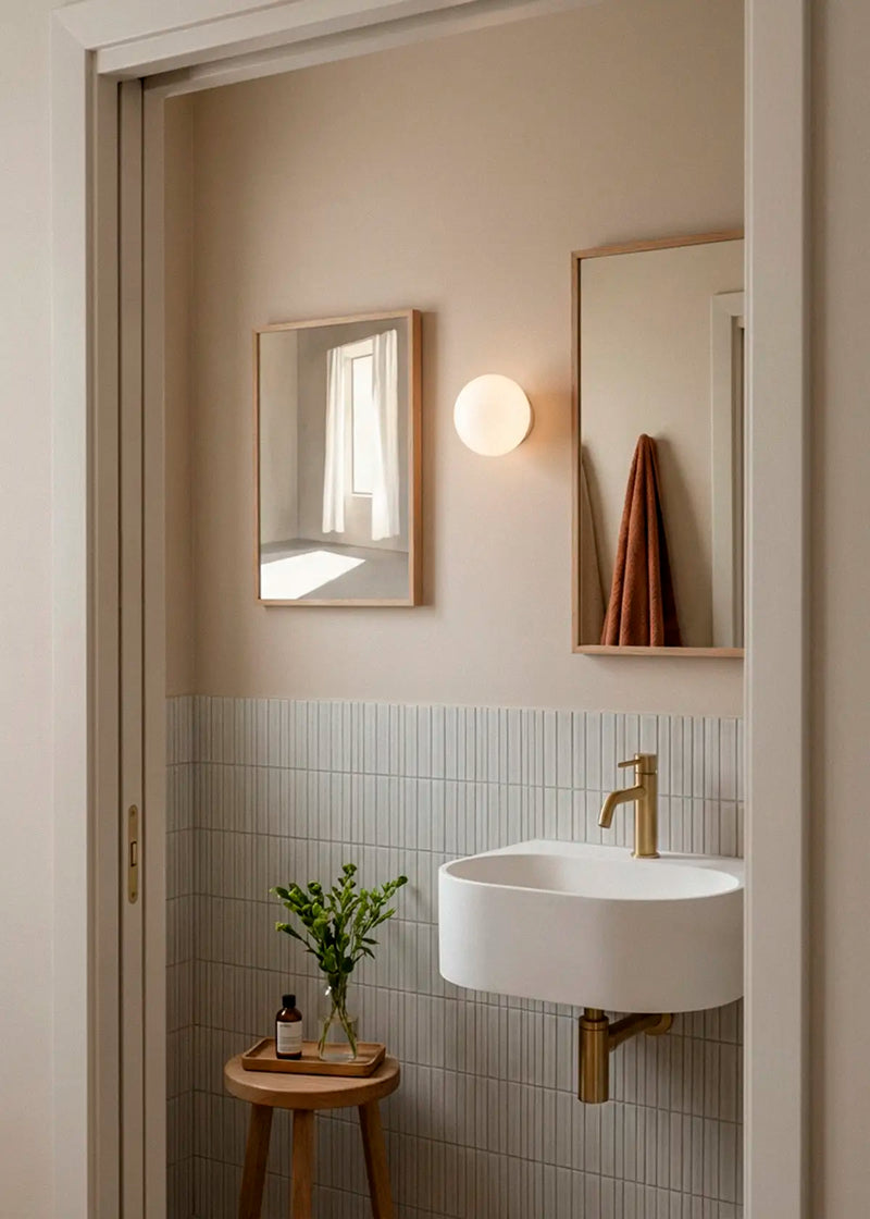 Window poster styled in a calm Scandinavian bathroom with soft light and minimal details
